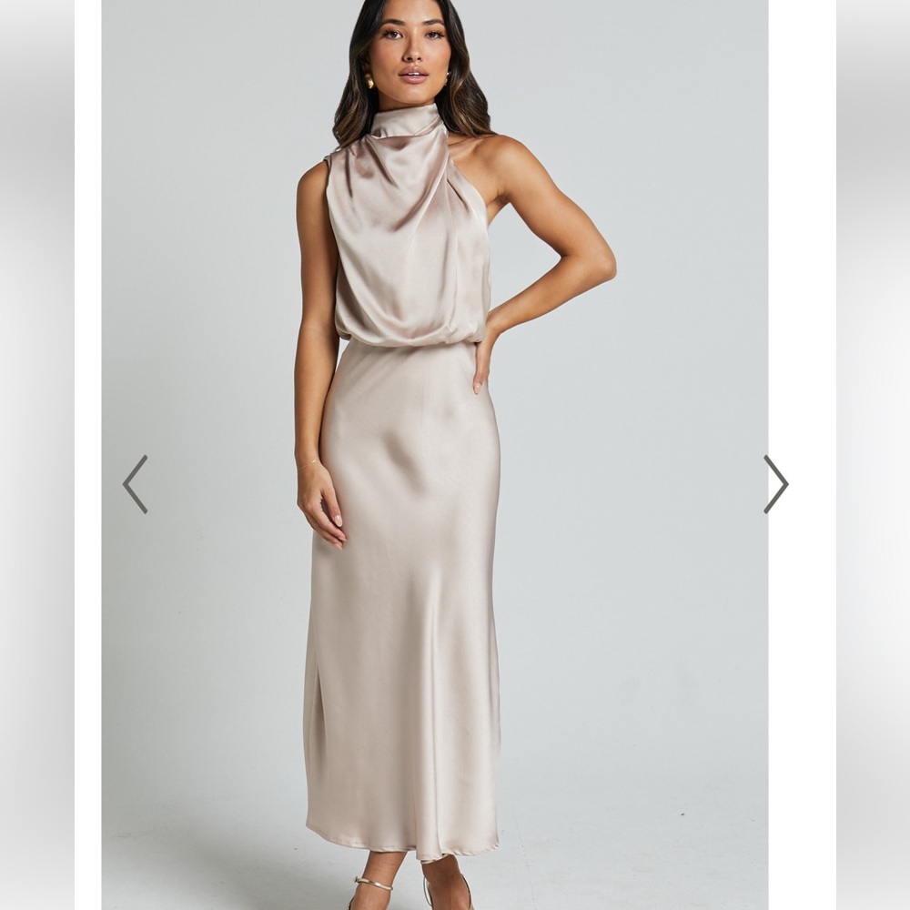 Showpo MINNIE MIDI DRESS - DRAPE NECK SATIN SLIP DRESS IN CHAMPAGNE